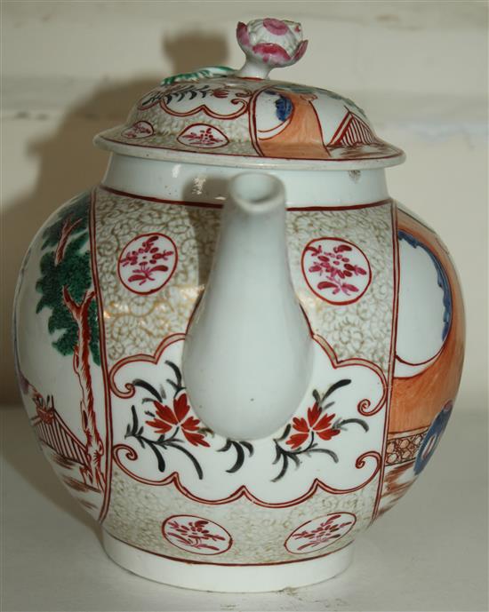A large Worcester polychrome globular teapot and cover, c.1770, height 6.5in.